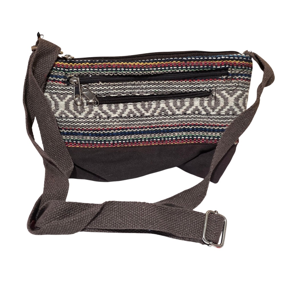 Boho Woven Canvas Crossbody Bag Brown Geometric Tribal Festival Travel Purse
